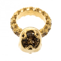 Pre Owned Alexander McQueen Skull Crystal Embedded Gold Tone Ring Size 52.5