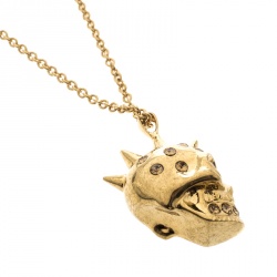 Pre Owned Alexander McQueen Crystal Embedded Gold Tone Skull Pendant Necklace