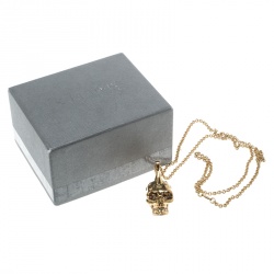 Pre Owned Alexander McQueen Crystal Embedded Gold Tone Skull Pendant Necklace
