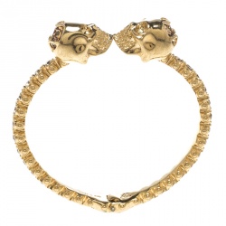 Pre Owned Alexander McQueen Twin Crystal Embedded Skull Gold Tone Cuff Bracelet