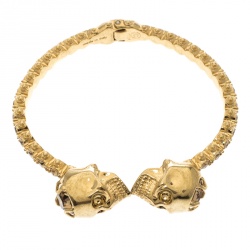 Pre Owned Alexander McQueen Twin Crystal Embedded Skull Gold Tone Cuff Bracelet
