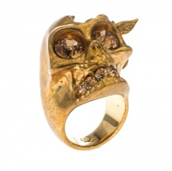 Pre Owned Alexander McQueen Crystal Embedded Skull Perched Bird Gold Tone Ring Size 52