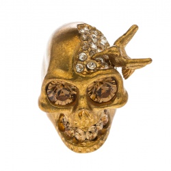 Pre Owned Alexander McQueen Crystal Embedded Skull Perched Bird Gold Tone Ring Size 52