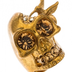 Pre Owned Alexander McQueen Crystal Embedded Skull Perched Bird Gold Tone Ring Size 52