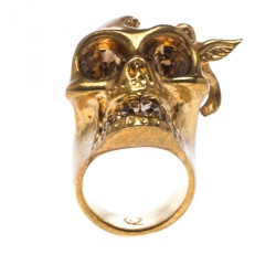 Pre Owned Alexander McQueen Crystal Embedded Skull Perched Bird Gold Tone Ring Size 52