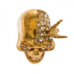 Pre Owned Alexander McQueen Crystal Embedded Skull Perched Bird Gold Tone Ring Size 52