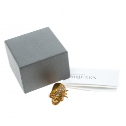 Pre Owned Alexander McQueen Crystal Embedded Skull Perched Bird Gold Tone Ring Size 52