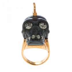 Pre Owned Alexander McQueen Grey Skull Plexi Punk Gold Tone Cocktail Ring Size 53