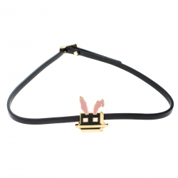 Pre Owned MCQ Alexander McQueen Mini Electro Bunny Enamel Black Leather Wrap Bracelet