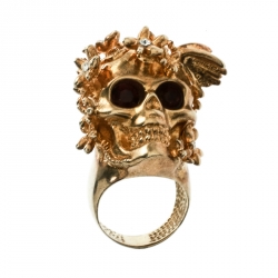 Pre Owned Alexander McQueen Skull Crystal Flower Gold Tone Cocktail Ring Size 52