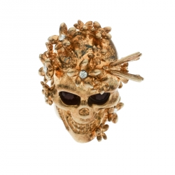 Pre Owned Alexander McQueen Skull Crystal Flower Gold Tone Cocktail Ring Size 52