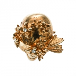 Pre Owned Alexander McQueen Skull Crystal Flower Gold Tone Cocktail Ring Size 52