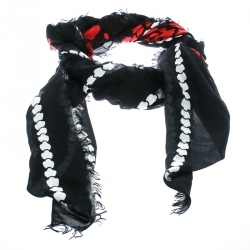 Pre Owned وشاح أليكساندر ماكوين أسود مورد وجماجم مطبوعة بشراشيب