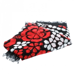 Pre Owned وشاح أليكساندر ماكوين أسود مورد وجماجم مطبوعة بشراشيب