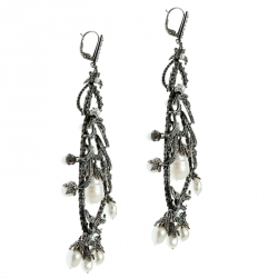 Pre Owned Alexander McQueen Faux Pearl & Crystal Silver Tone Long Drop Earrings
