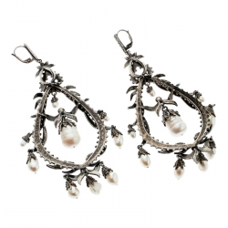 Pre Owned Alexander McQueen Faux Pearl & Crystal Silver Tone Long Drop Earrings