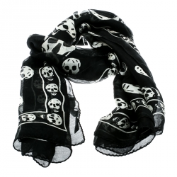 Pre Owned Alexander McQueen Black and White Skull Print Silk Chiffon Scarf