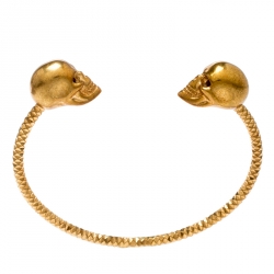 Pre Owned Alexander McQueen Twin Skull Gold Tone Open Cuff Bracelet 19cm