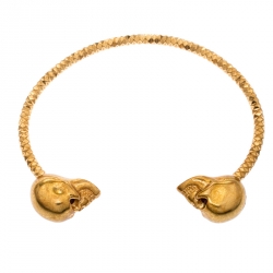 Pre Owned Alexander McQueen Twin Skull Gold Tone Open Cuff Bracelet 19cm