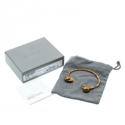 Pre Owned Alexander McQueen Twin Skull Gold Tone Open Cuff Bracelet 19cm