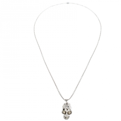 Pre Owned Alexander McQueen Crystal Embedded Silver Tone Skull Pendant Necklace