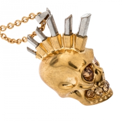Pre Owned Alexander Mcqueen Mohawk Skull Crystal Studded Gold Tone Necklace
