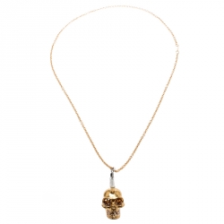 Pre Owned Alexander Mcqueen Mohawk Skull Crystal Studded Gold Tone Necklace