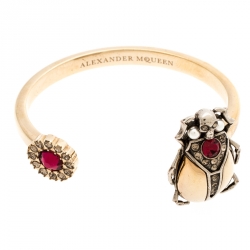 Pre Owned Alexander McQueen Gold Tone Crystal Embellished Beetle Cuff Bracelet S