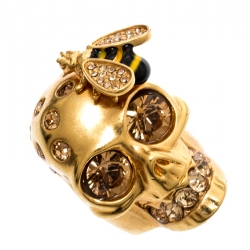 Alexander McQueen Bee Crystal Studded Skull Gold Tone Ring Size 54