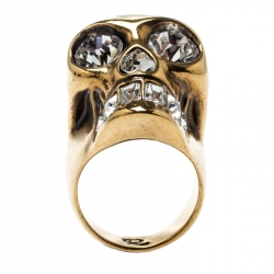 Pre Owned Alexander McQueen Crystal Heart Skull Gold Tone Ring Size 55