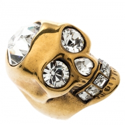 Pre Owned Alexander McQueen Crystal Heart Skull Gold Tone Ring Size 55