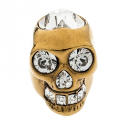 Pre Owned Alexander McQueen Crystal Heart Skull Gold Tone Ring Size 55