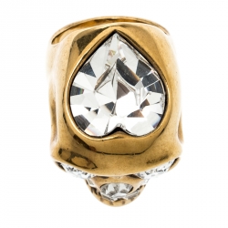 Pre Owned Alexander McQueen Crystal Heart Skull Gold Tone Ring Size 55