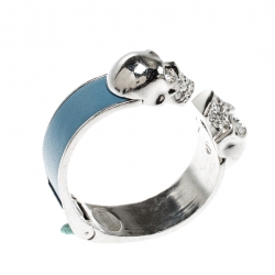 Pre Owned Alexander McQueen Blue Leather Crystal Twin Skull Open Cuff Bracelet