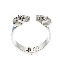 Pre Owned Alexander McQueen Blue Leather Crystal Twin Skull Open Cuff Bracelet