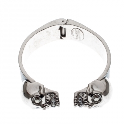 Pre Owned Alexander McQueen Blue Leather Crystal Twin Skull Open Cuff Bracelet