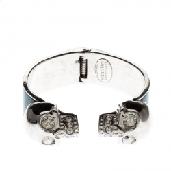 Pre Owned Alexander McQueen Blue Leather Crystal Twin Skull Open Cuff Bracelet