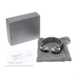 Pre Owned Alexander McQueen Blue Leather Crystal Twin Skull Open Cuff Bracelet