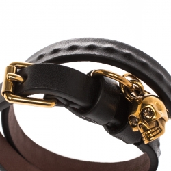 Pre Owned سوار أليكساندر ماكوين حلية جمجمه لفة مزدوجة لون ذهبي جلد أسود