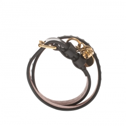 Pre Owned سوار أليكساندر ماكوين حلية جمجمه لفة مزدوجة لون ذهبي جلد أسود