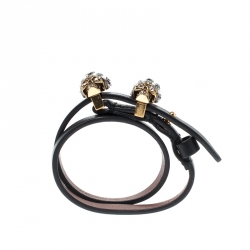Pre Owned Alexander McQueen King Queen Skull Embellished Black Leather Double Wrap Bracelet