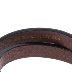 Pre Owned Alexander McQueen King Queen Skull Embellished Black Leather Double Wrap Bracelet