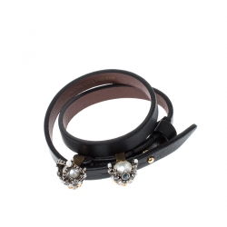 Pre Owned Alexander McQueen King Queen Skull Embellished Black Leather Double Wrap Bracelet