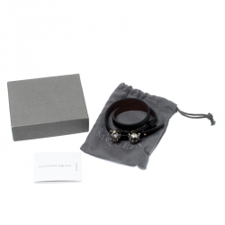 Pre Owned Alexander McQueen King Queen Skull Embellished Black Leather Double Wrap Bracelet