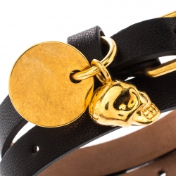 Pre Owned Alexander McQueen Skull Charm Black Leather Gold Tone Wrap Bracelet