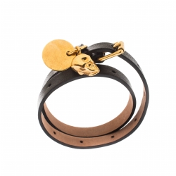 Pre Owned Alexander McQueen Skull Charm Black Leather Gold Tone Wrap Bracelet