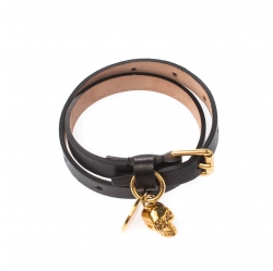 Pre Owned Alexander McQueen Skull Charm Black Leather Gold Tone Wrap Bracelet