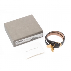 Pre Owned Alexander McQueen Skull Charm Black Leather Gold Tone Wrap Bracelet