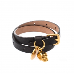 Pre Owned Alexander McQueen Skull Charm Black Leather Gold Tone Wrap Bracelet