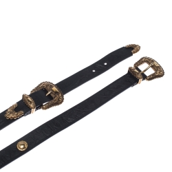 Pre Owned  حزام أليكساندر ماكوين بإبزيم مزدوج جلد أسود 80 سم